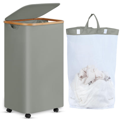 efluky 100L Laundry Basket with Wheels and Lid, Rolling Laundry Hamper with Bamboo Handles and Removable Bag, Dirty Clothes Hamper on Wheels for Laundry Room Organizer, Dorm