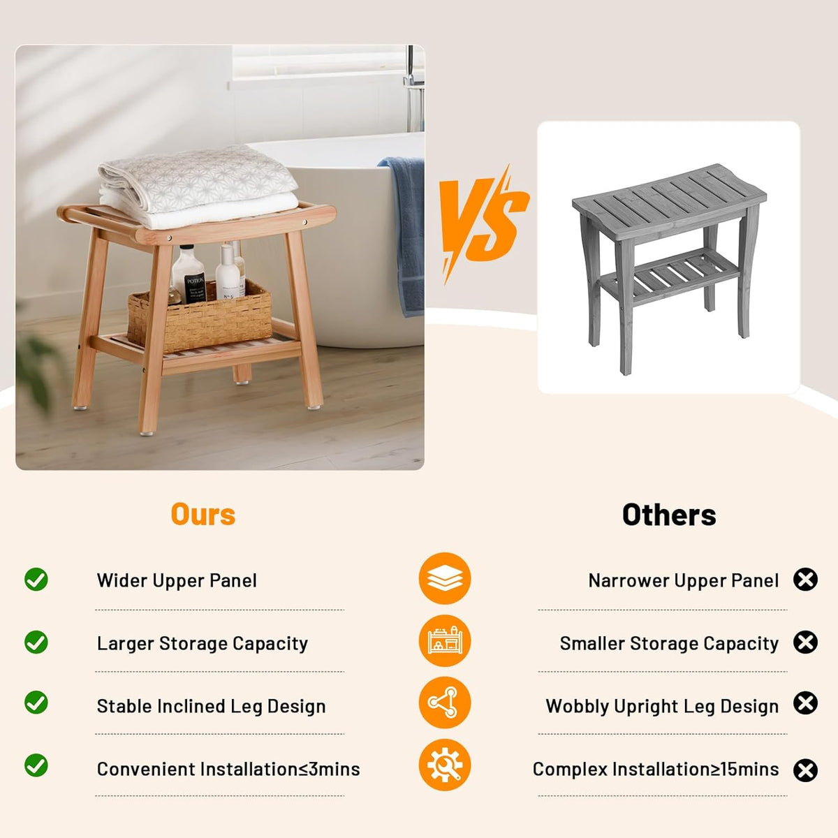 Bamboo Shower Stool Bench,Shower Chair for Inside Shower with Storage Shelf