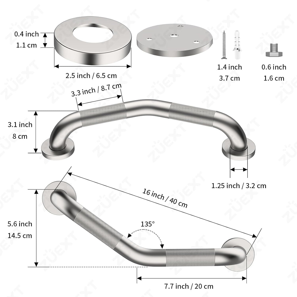 ZUEXT 2 Pack 16 Inch Angled Brushed Nickel Non Slip Knurled Shower Grab Bar