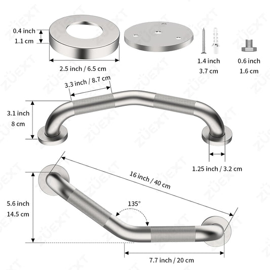 ZUEXT 2 Pack 16 Inch Angled Brushed Nickel Non Slip Knurled Shower Grab Bar