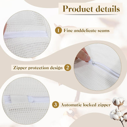 5-Piece Organic Cotton Laundry Bags with Zipper and Hanging Loop, 3 Sizes (S, M, L) Mesh Laundry Bag, Durable Cotton Mesh Laundry Bag for Delicate Underwear and Socks.