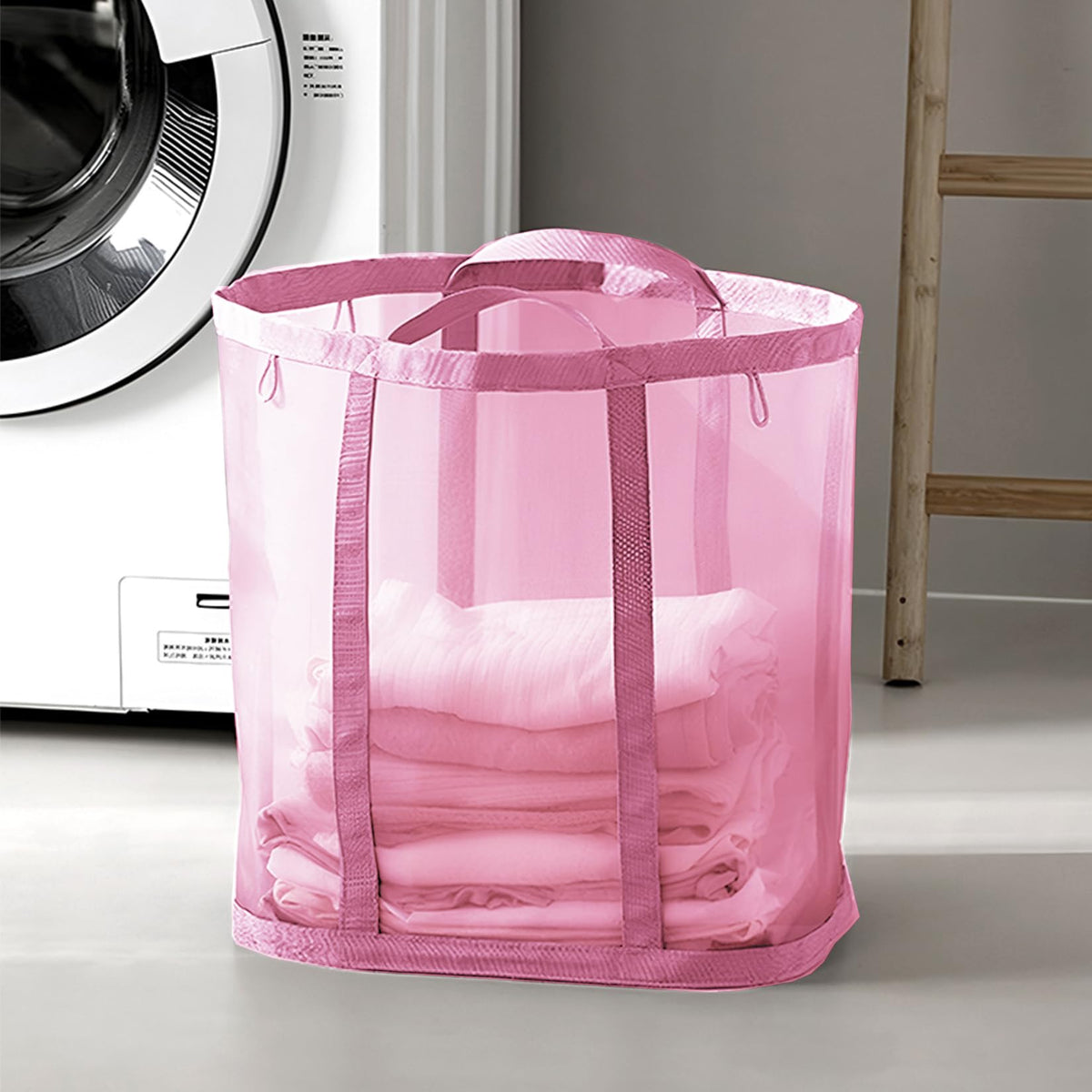 Mesh Bag with Handles, Collapsible Laundry Basket, Foldable Laundry Bag, Breathable Folding Beach Bag,Space-saving Travel Tote Bags (1, Black)