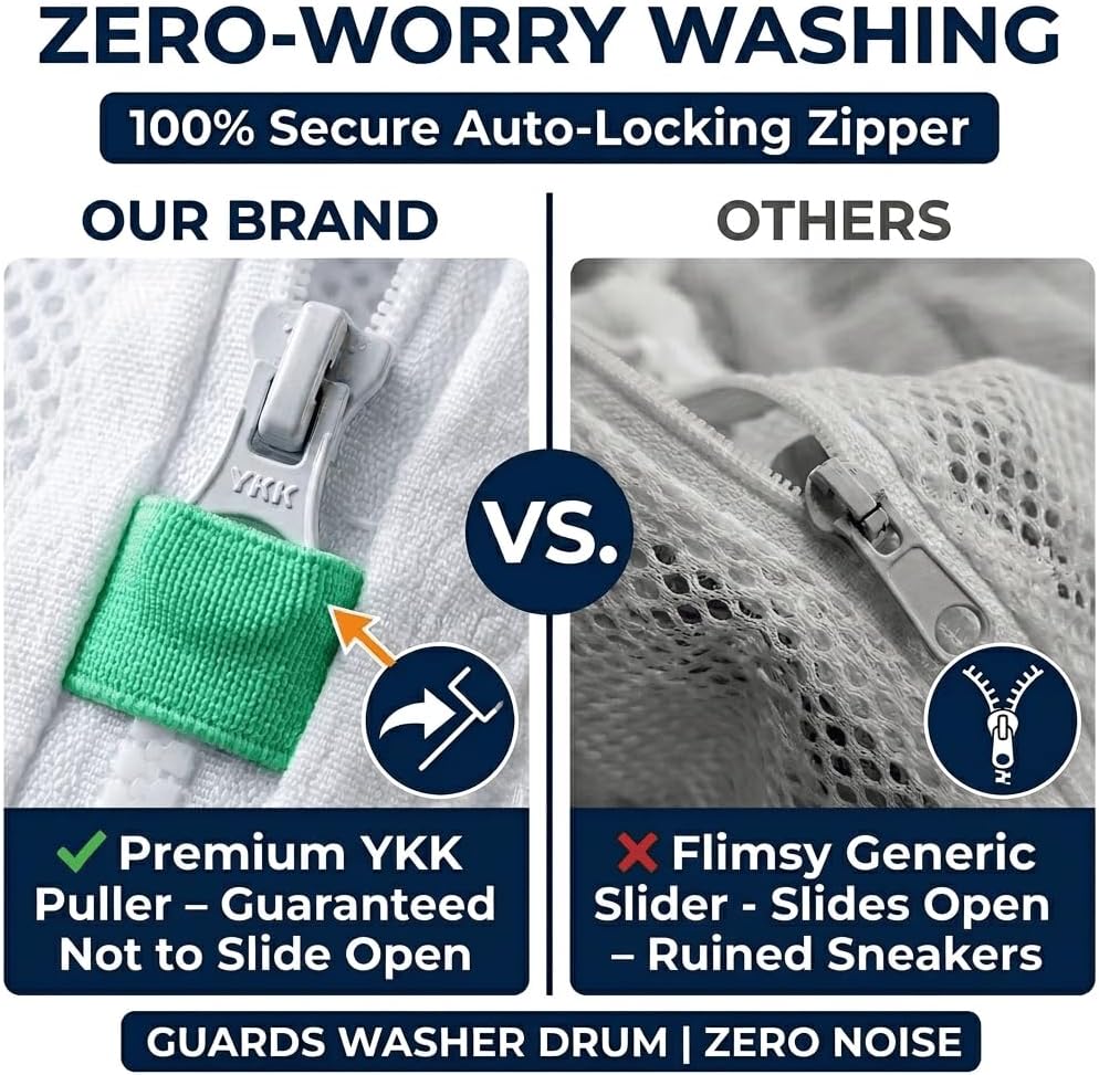 Shoe Washing Machine Bag 2 Pack with XXL 17"x16" Drying Bag - Reusable Laundry Shoe Bag, Heavy-Duty Concealed Zipper, 360° Microfiber Cleaning for Sneakers & All Footwear (White)
