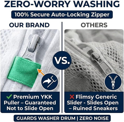 Shoe Washing Machine Bag 2 Pack with XXL 17"x16" Drying Bag - Reusable Laundry Shoe Bag, Heavy-Duty Concealed Zipper, 360° Microfiber Cleaning for Sneakers & All Footwear (White)