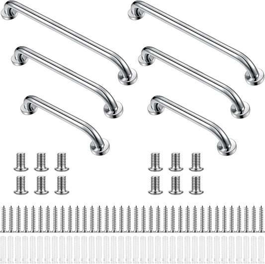 Therwen 6 Pack 12/18/24 Inch Shower Grab Bars Stainless Steel Bathroom Handicap Heavy Duty Handle Anti Slip Bathtub Handle Support Balance Hand Rail for Bathroom Wall Elderly Pregnant Seniors (Silver)