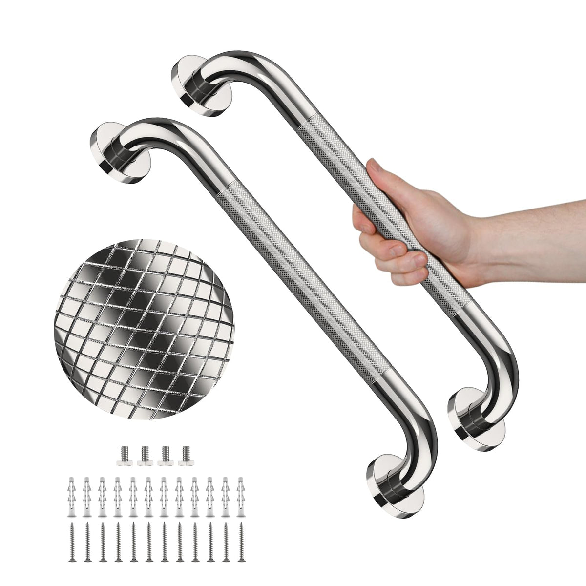 2 Pack 24 Inch Polished Chrome Anti Slip Knurled Shower Grab Bar