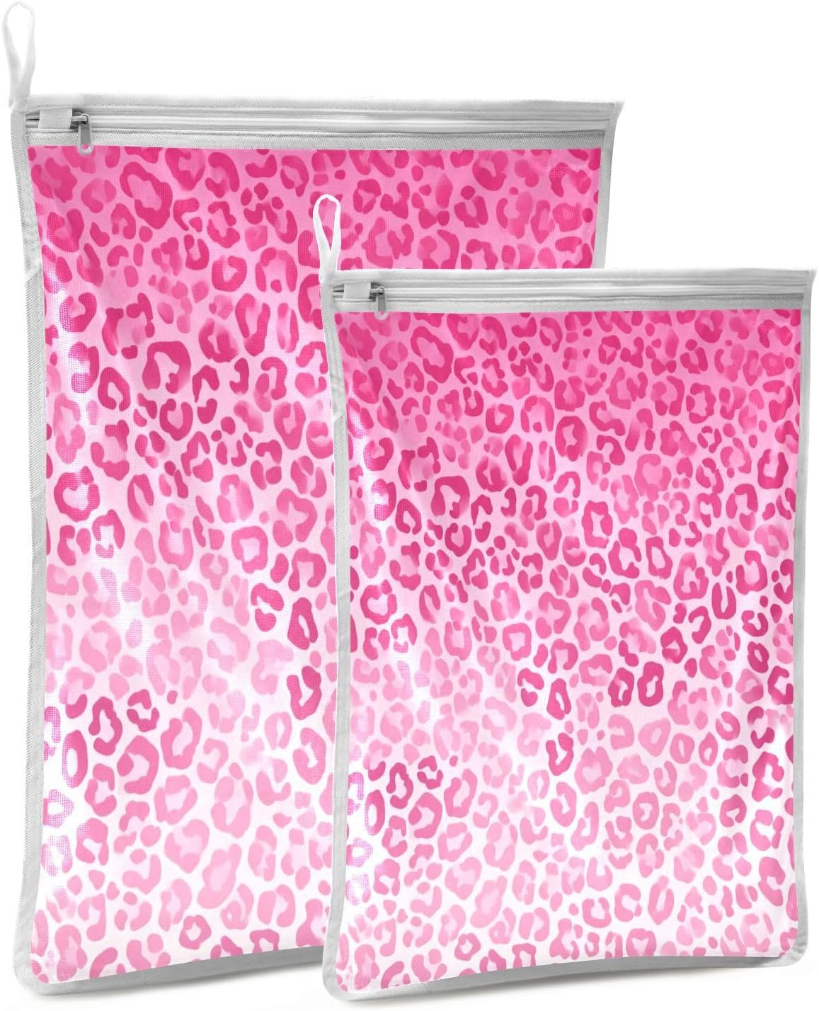 Mesh Laundry Bags Lingerie Bags for Washing Delicates 2 PCS Durable Wash Bag with Zipper Small and Medium Washable Gradient Pink Leopard Print