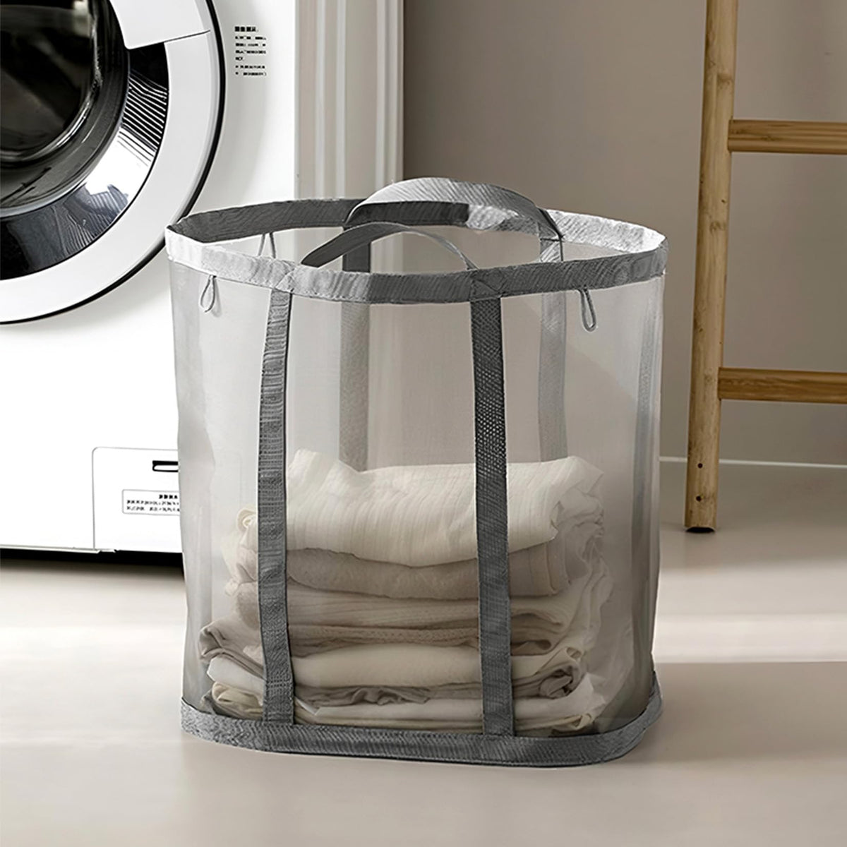 Mesh Bag with Handles, Collapsible Laundry Basket, Foldable Laundry Bag, Breathable Folding Beach Bag,Space-saving Travel Tote Bags (1, Black)