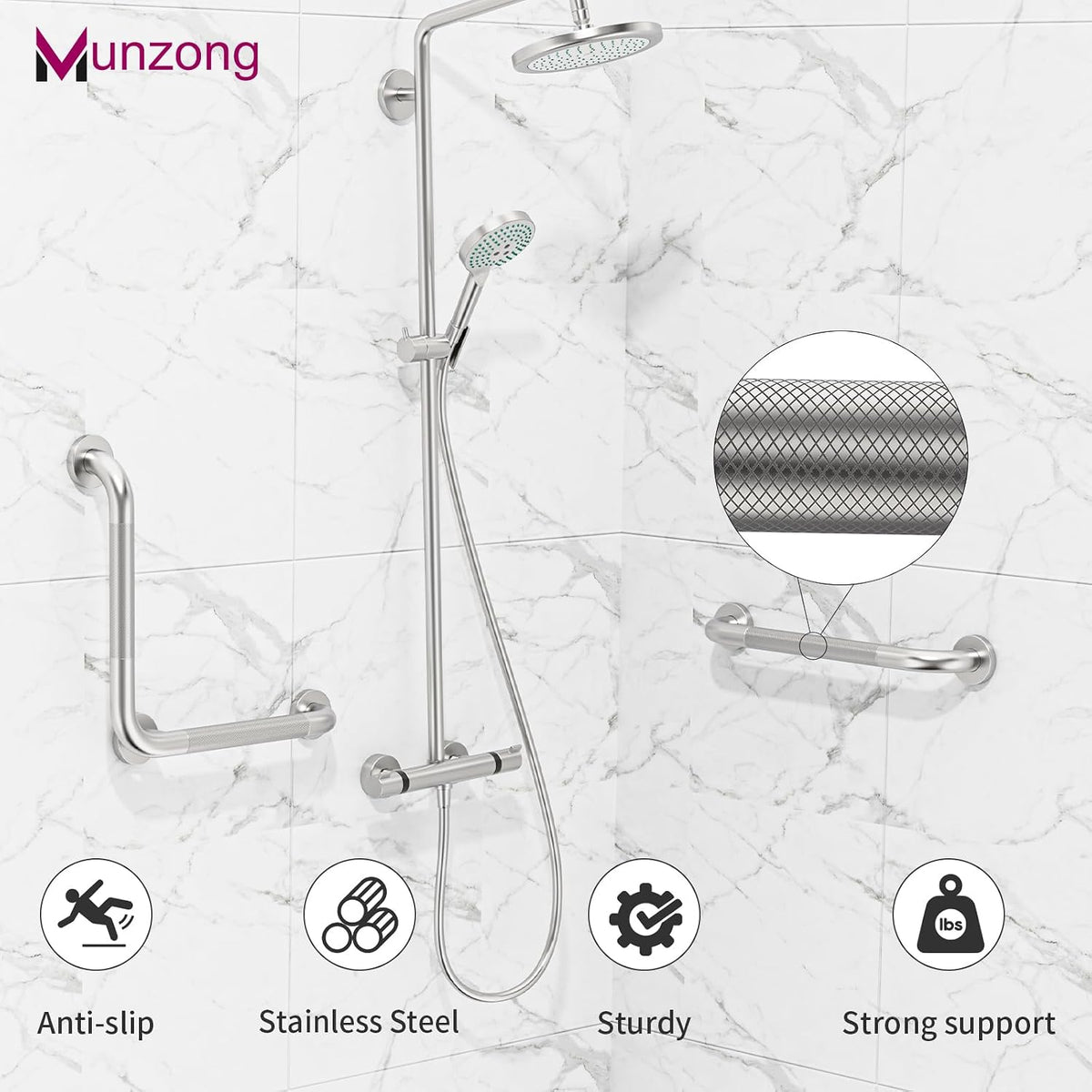 16x16 Inch Anti Slip Angled Shower Grab Bars, Brushed Nickel Grab Rail
