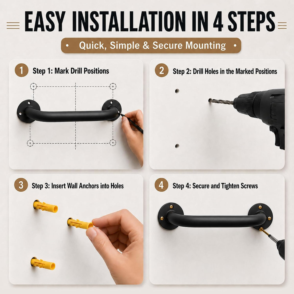 12 Inch Black Metal Wall Mount Stair Handrail Grab Bar 1Pack