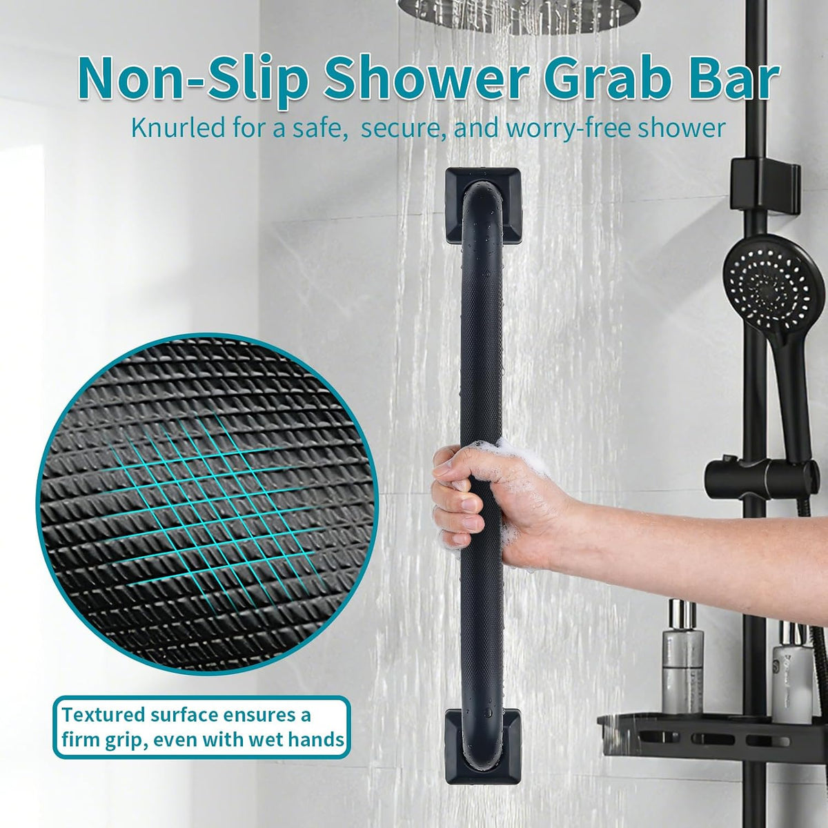Shower Grab Bars for Seniors, 12 Inch Square Matte Black Bathroom Handle for Wall, 304 Stainless Steel Anti Slip Bathtub Safety Bar, ADA Compliant 500 LBS Hand Rail for Elderly, Handicap
