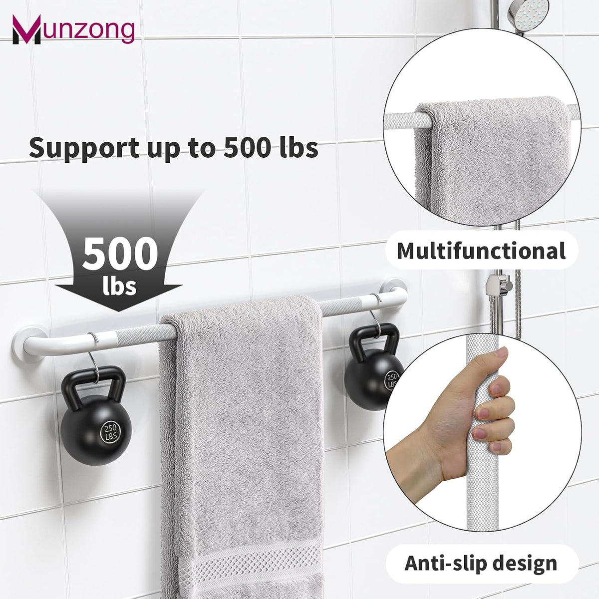 3 Pack Anti Slip Shower Grab Bar, Munzong 12" 16" 16" White Bathroom Bar