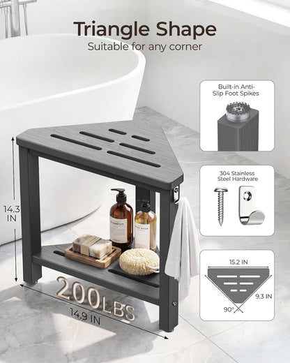 15" Shower Foot Rest with Side Hook, HDPE Waterproof Corner Shower Stool for Shaving Legs, Anti-Slip Shower Bench with Storage Shelf for Inside Shower, Space-Saving Shower Seat for Small Showers, Gray