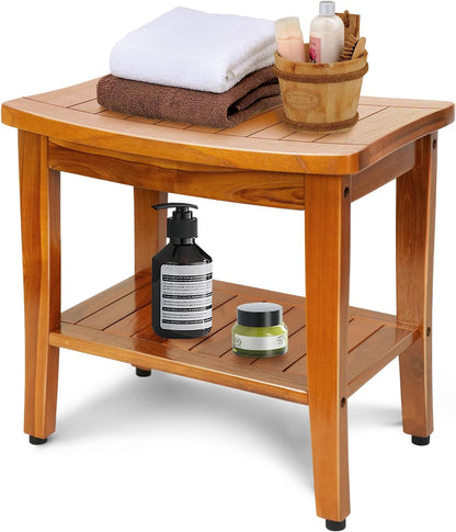 20" Premium Teak Shower Bench with Shelf & Handle, Solid Teak Shower Stool, Durable Wooden Waterproof Seat for Inside Shower, Teak Wood Bench for Bathroom, Indoor & Outdoor Use