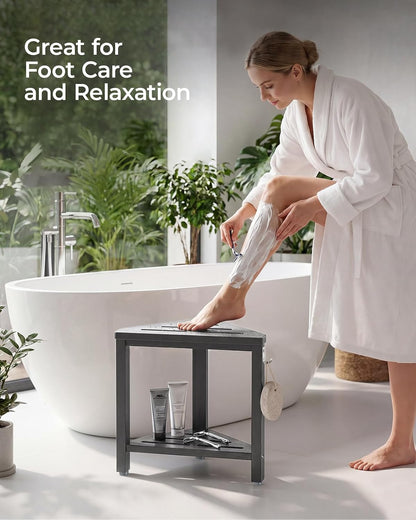 15" Shower Foot Rest with Side Hook, HDPE Waterproof Corner Shower Stool for Shaving Legs, Anti-Slip Shower Bench with Storage Shelf for Inside Shower, Space-Saving Shower Seat for Small Showers, Gray