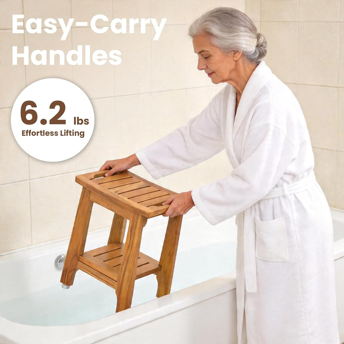 NNN 14" Compact Teak Shower Stool with Japan-Made Non-Slip Leveling Feet