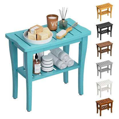 Teak Shower Bench Stool with Storage Shelf, Waterproof Shower Chair Spa Bath Seat, Shower Stool for Inside Shower, Bathroom Bench Seat for Adults Elderly Seniors for Indoor or Outdoor Use