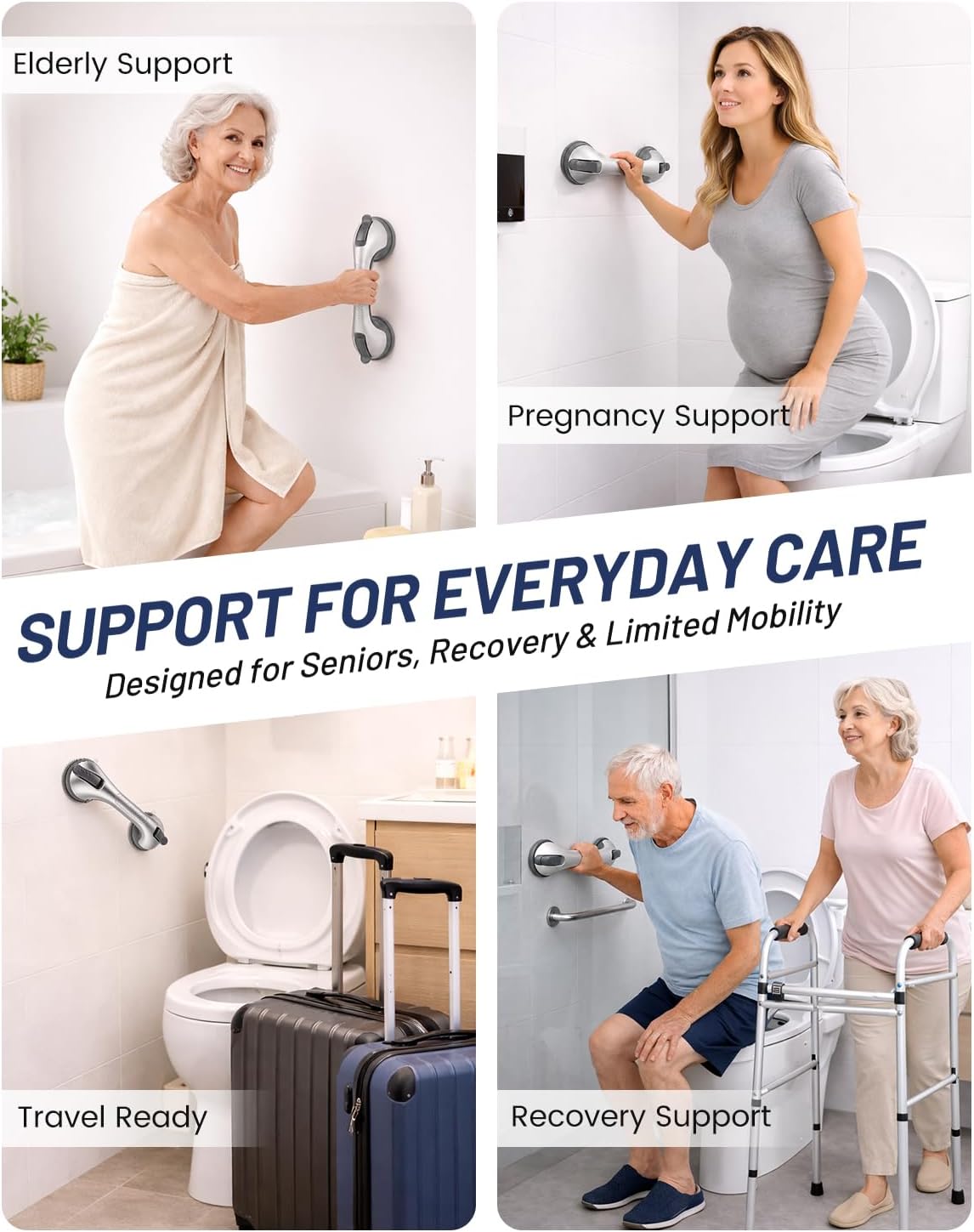 Suction Grab Bars for Shower, Gel-Enhanced Shower Handle for Senior, Silver