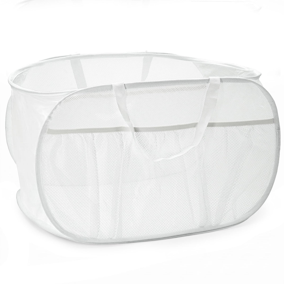 2 Pack Collapsible Laundry Baskets, Upgrade Pop Up Laundry Hamper with Convenient Bags, Foldable Laundry Basket Mesh Light Weight, Easy to Carry Clothes Hampers for Laundry, Dorm, Toys, Travel White