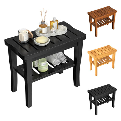Teak Wood Shower Bench Stool with Storage Shelf, Wooden Waterproof Bathroom Spa Bathing Teak Shower Stool with Non-Slip Feet Gadget 2024 for Indoor or Outdoor Shower Chair Seat Organizer