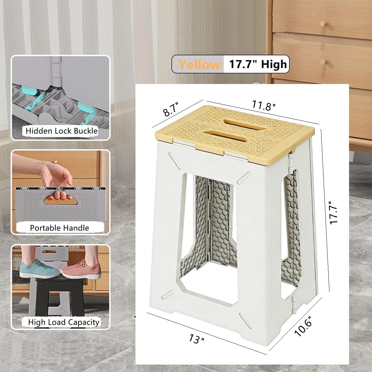 Foldable Shower Bath Safety Chair Seat Stool, Yellow 17.7 Inch High Anti-Slip Bench Bathtub Stool for Elderly or Seniors
