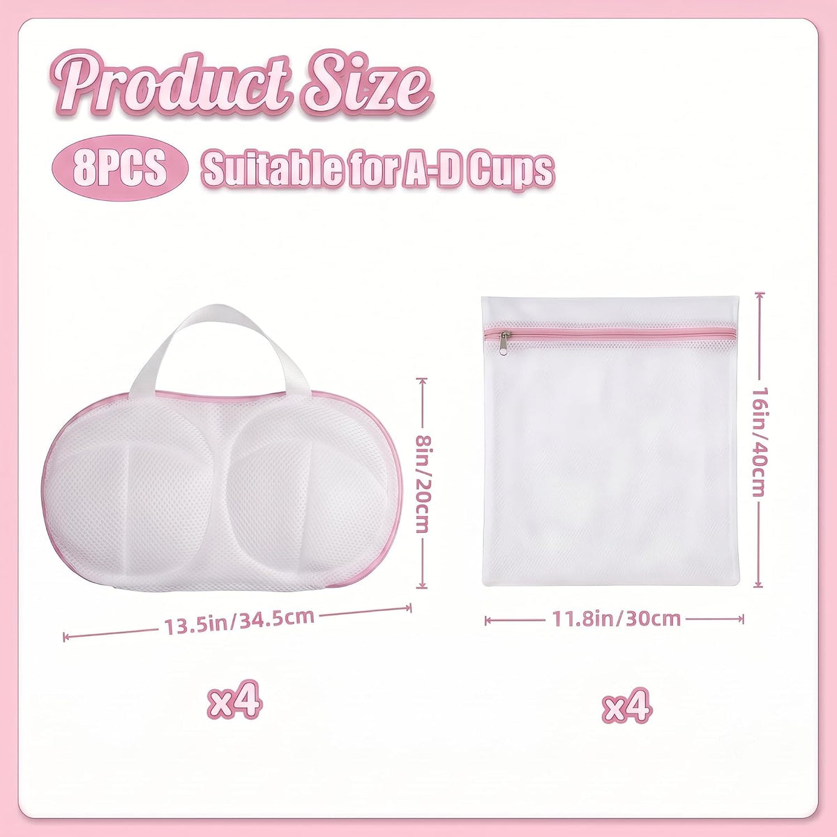 8 Pcs Bra Washing Bags, Lingerie Bag for Washing Brassiere, Pink, A-D Cups