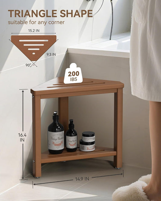 Shower Foot Rest 15in, HDPE Corner Shower Stool for Shaving Legs,Teak Color