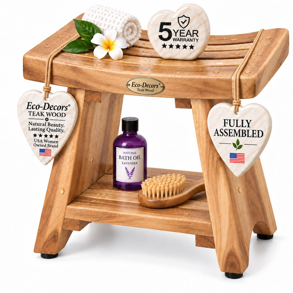 EcoDecors 18" Teak Shower Bench with Shelf, Solid Teak Wood Shower Stool