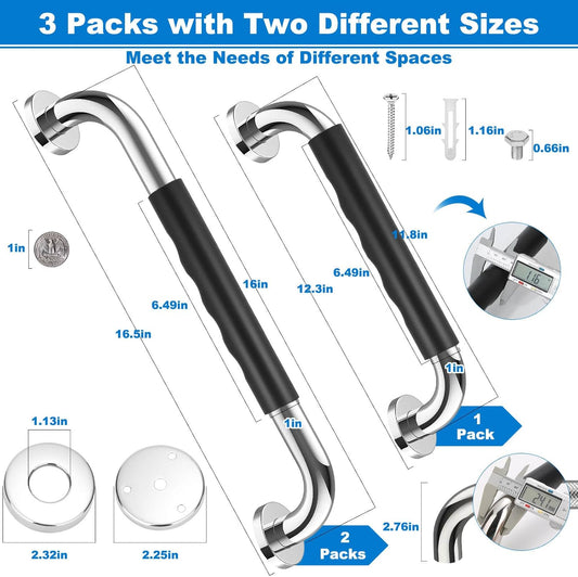 3 Pack Grab Bars for Bathtubs and Showers, 16-Inch and 12-Inch Anti-Slip Bathroom Shower Grab Bars for Seniors Wall, Safety Handicap Grab Bars Stainless Steel,Shower Handle for Elderly, Wall