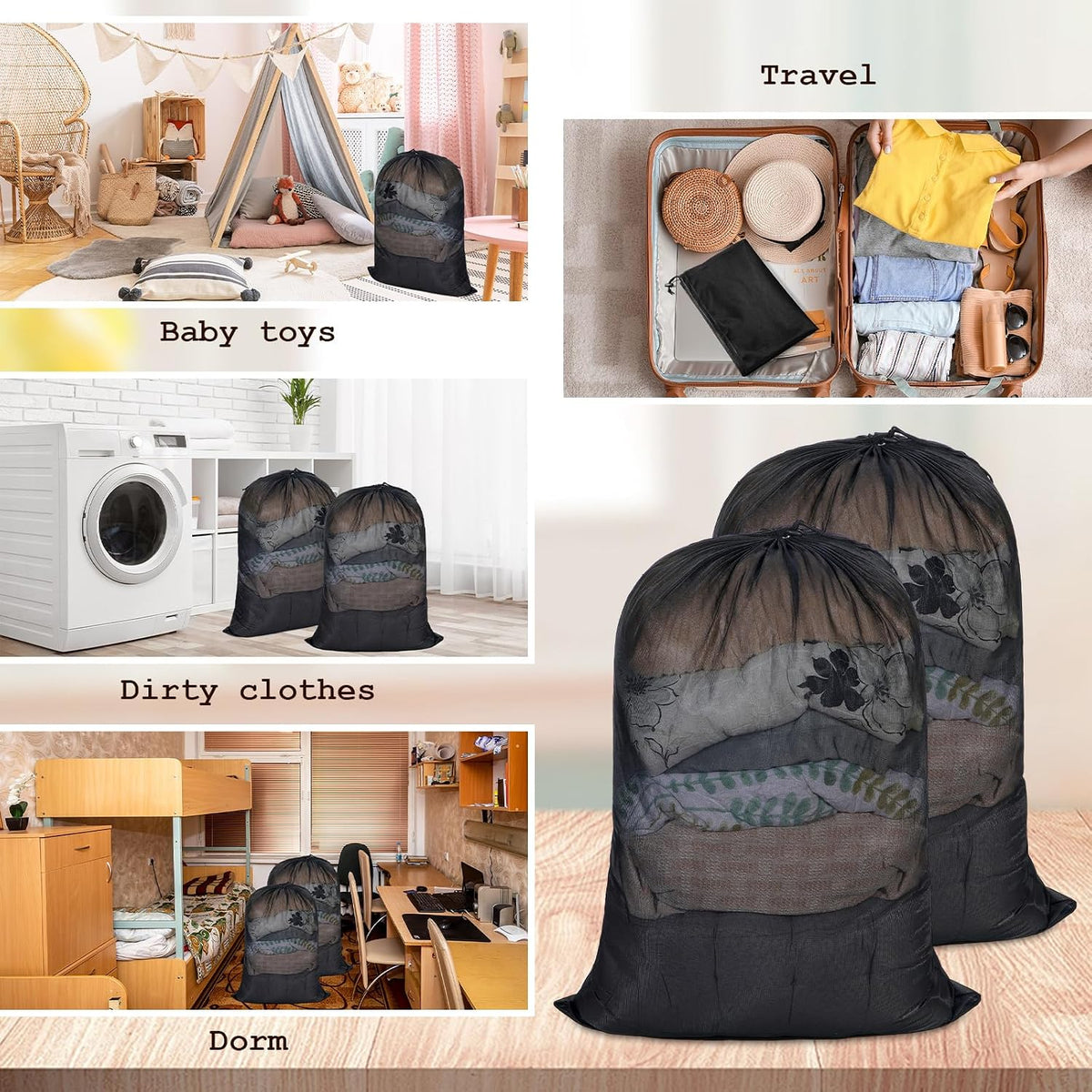 Windyun 9 Pcs Mesh Laundry Bags Drawstring Lockable Travel Storage, Black