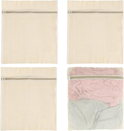 4 PCS Cotton Mesh Laundry Bags, Delicate Wash Bags with Hidden Zipper Protector, Reusable Breathable Laundry Net for Underwear Socks Pants Clothes, Travel Storage Pouches