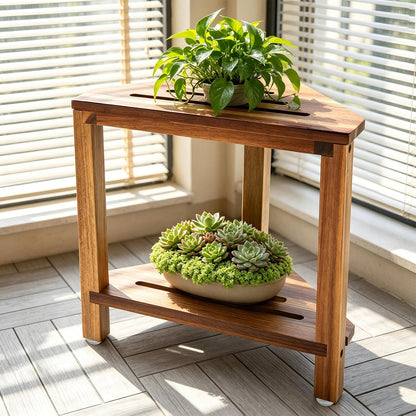 IBosins Corner Shower Stool 14in Small Bench Storage Shelf Natural Finish