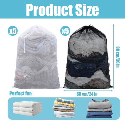 10 Pack Mesh Laundry Bags, 35.4" x 23.6" Heavy-Duty Laundry Bags Large Drawstring Mesh Bag for College Dorm Travel Sports Family Apartment (White, Black)