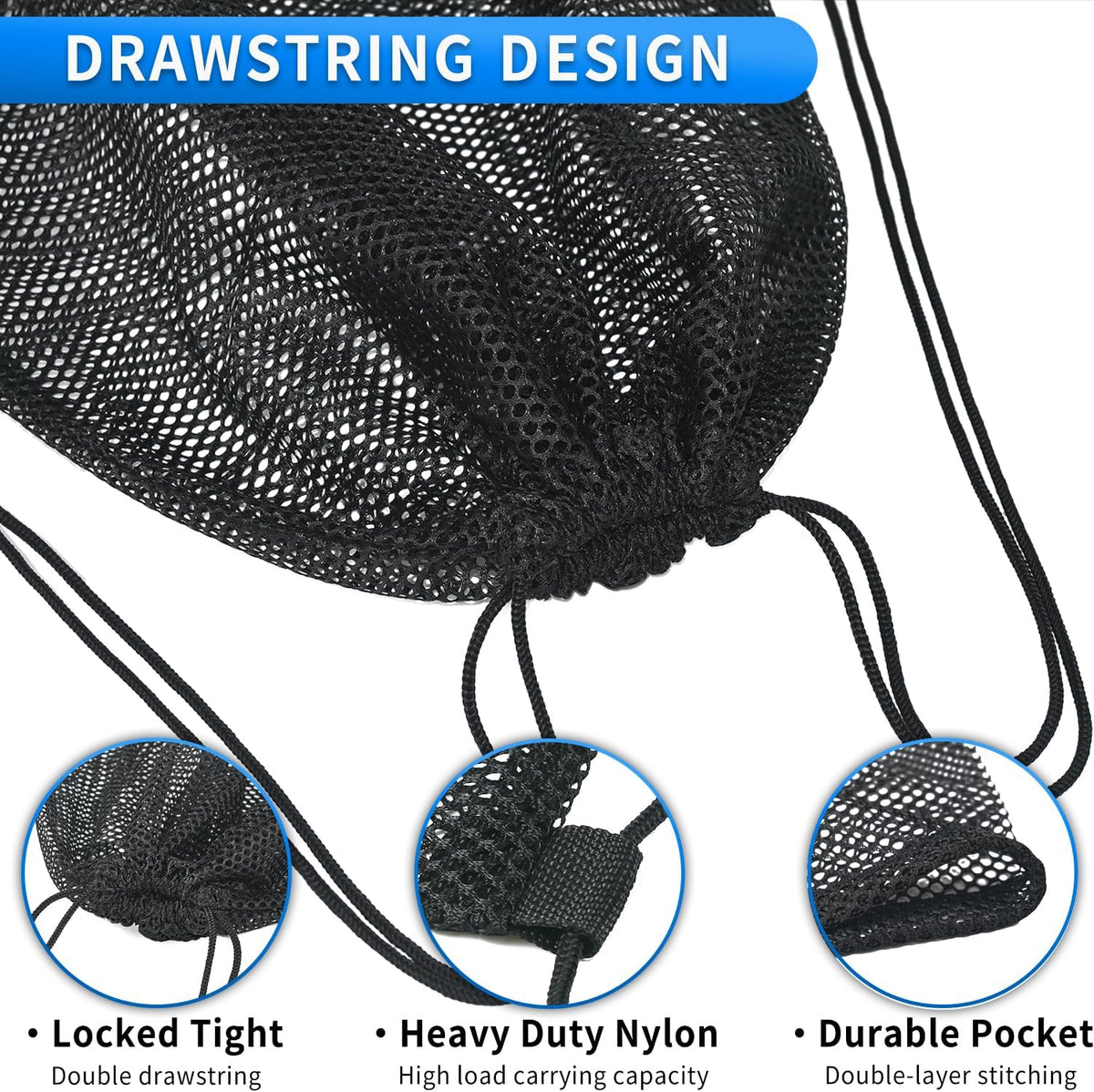 2 Pcs Mesh Drawstring Bag 16 x 20 Inch Heavy Duty Nylon Net Bags, Durable Mesh Backpack for Gym Hiking Swimming Soccer Ball Basketball Beach Toys Laundry Mushroom Foraging Etc (Black)