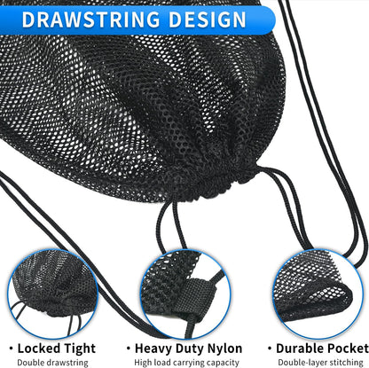 2 Pcs Mesh Drawstring Bag 16 x 20 Inch Heavy Duty Nylon Net Bags, Durable Mesh Backpack for Gym Hiking Swimming Soccer Ball Basketball Beach Toys Laundry Mushroom Foraging Etc (Black)