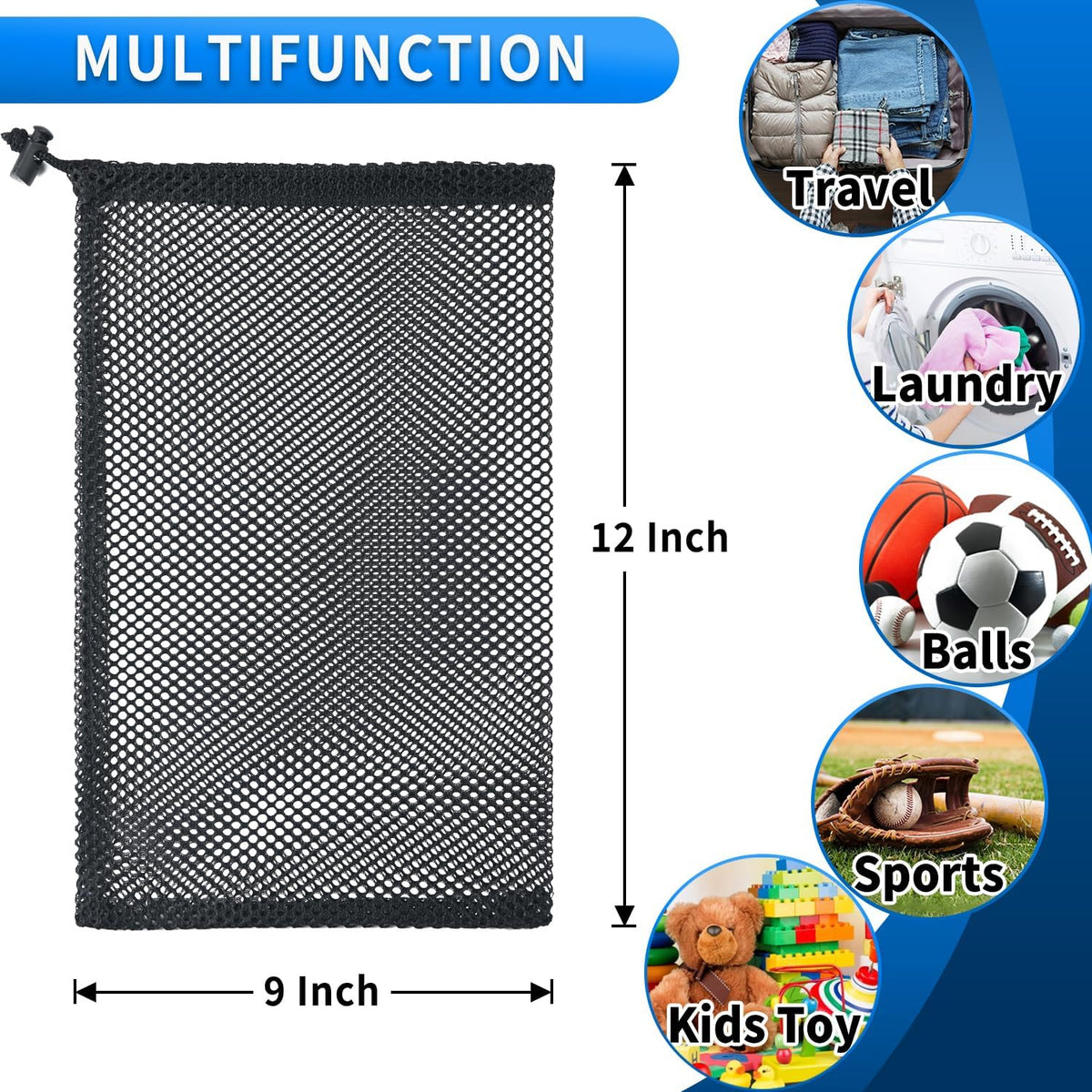 10 Pcs Mesh Drawstring Bag 9" x 12" with Cord Lock Closure, Nylon Durable Heavy Duty Mesh Bag for Laundry Beach Toys Swimming Gym Travel Mushroom Foraging (Black)