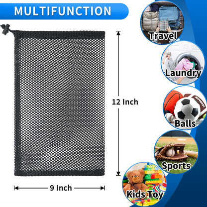 10 Pcs Mesh Drawstring Bag 9" x 12" with Cord Lock Closure, Nylon Durable Heavy Duty Mesh Bag for Laundry Beach Toys Swimming Gym Travel Mushroom Foraging (Black)