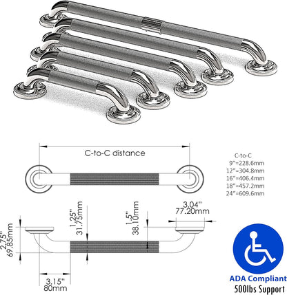 1-1/4" Knurled Grab Bar, ADA Compliant Bath Safety Shower Handrail, Bathroom Mobility Aid Handle for Seniors and Disabled, Heavy Duty 500lbs Support
