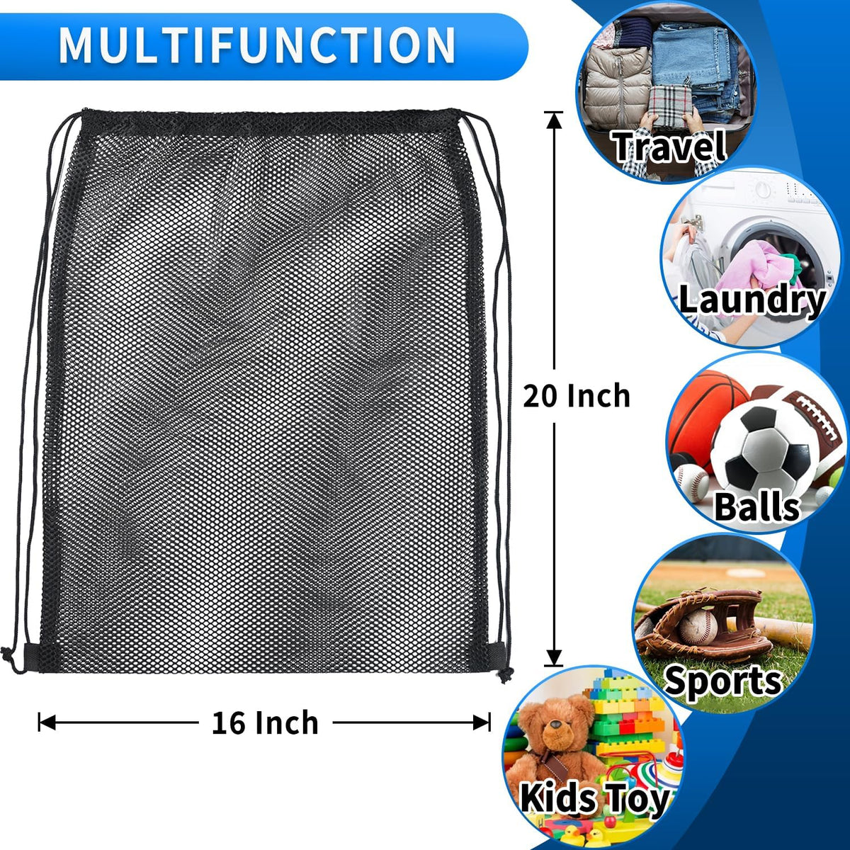 2 Pcs Mesh Drawstring Bag 16 x 20 Inch Heavy Duty Nylon Net Bags, Durable Mesh Backpack for Gym Hiking Swimming Soccer Ball Basketball Beach Toys Laundry Mushroom Foraging Etc (Black)