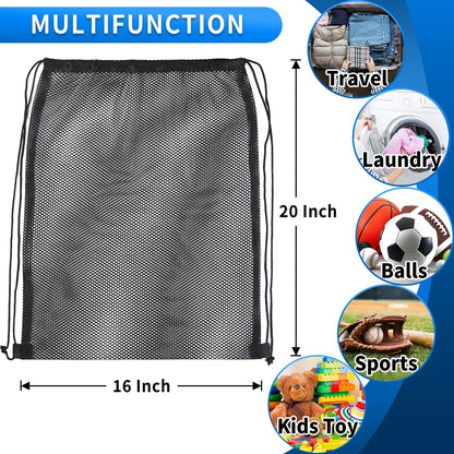 2 Pcs Mesh Drawstring Bag 16 x 20 Inch Heavy Duty Nylon Net Bags, Durable Mesh Backpack for Gym Hiking Swimming Soccer Ball Basketball Beach Toys Laundry Mushroom Foraging Etc (Black)