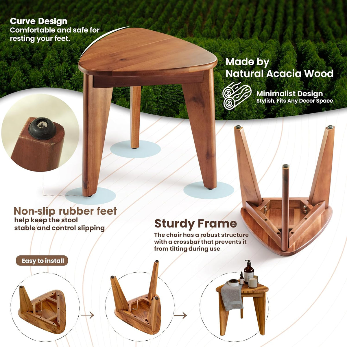 HOLANA 12" Wooden Corner Shower Foot Rest for Bathroom, Compact, Durable