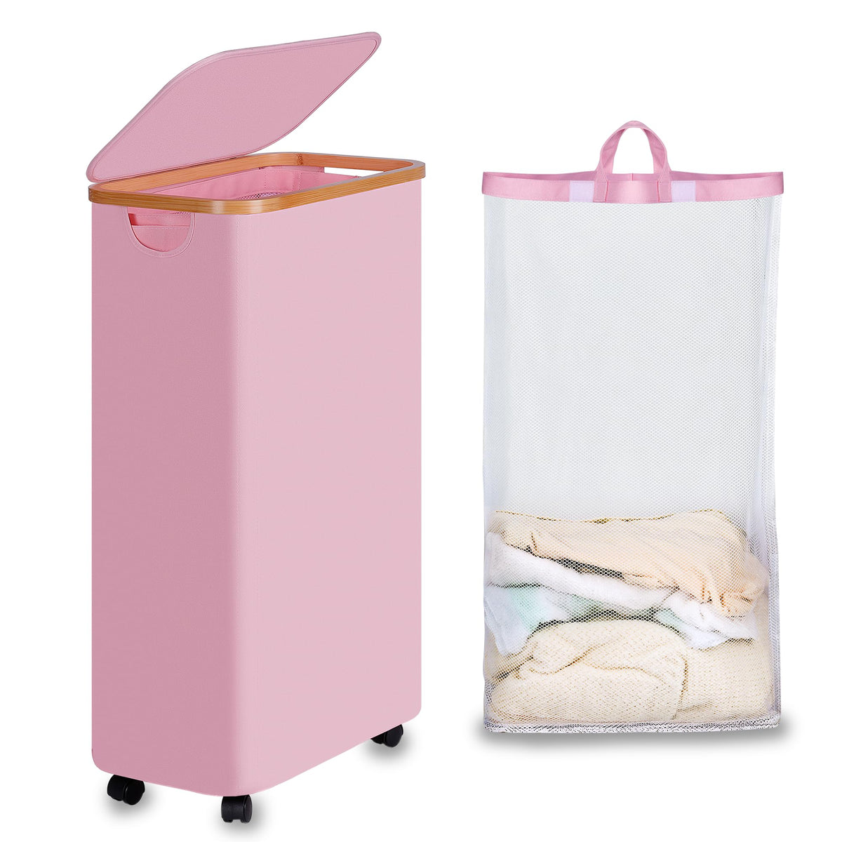 efluky 100L Laundry Basket with Wheels and Lid, Rolling Laundry Hamper with Bamboo Handles and Removable Bag, Dirty Clothes Hamper on Wheels for Laundry Room Organizer, Dorm