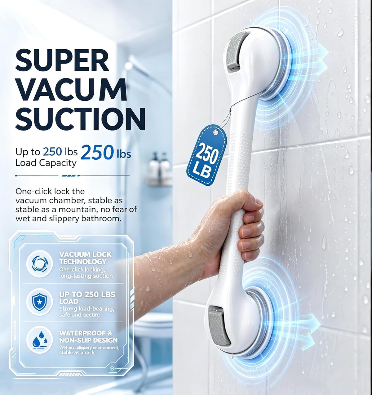 Shower Grab Bars for Seniors, Shower Handles for Elderly Suction Cup,2 Pack 16.05 Inch,Handicap Grab Bars for Bathtubs and Showers Wall, Bathroom Safety for Showers Walls Heavy Duty, No Drillin,Grey