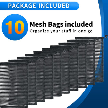 10 Pcs Mesh Drawstring Bag 9" x 12" with Cord Lock Closure, Nylon Durable Heavy Duty Mesh Bag for Laundry Beach Toys Swimming Gym Travel Mushroom Foraging (Black)