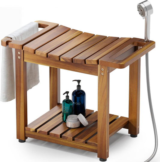 BLUEWEST 23.4 Inch Shower Bench with Storage Shelf, Natural Wood and Handle