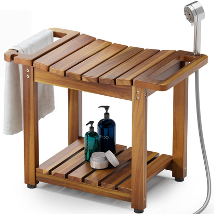 BLUEWEST 23.4 Inch Shower Bench with Storage Shelf, Natural Wood and Handle