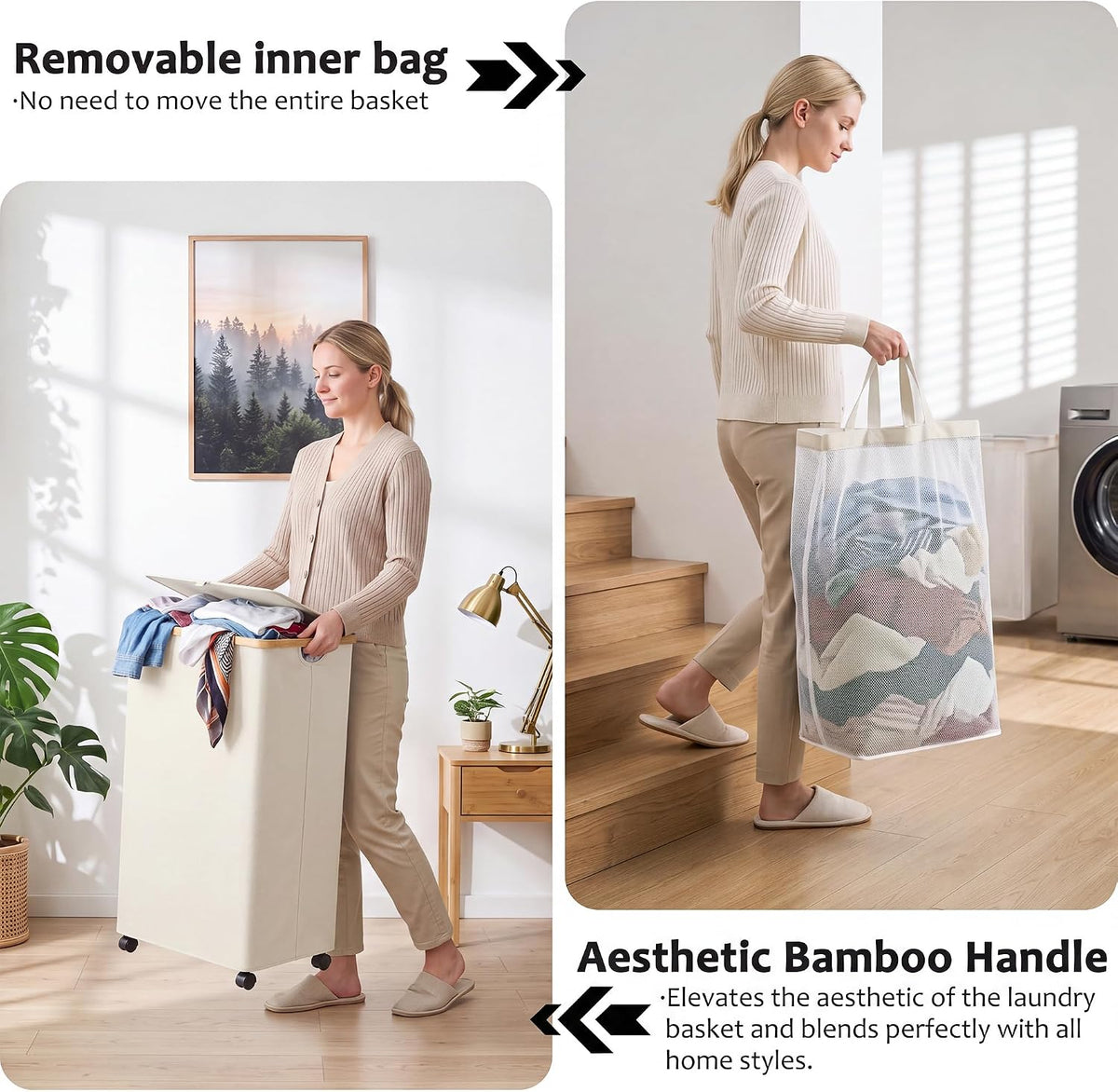 efluky 100L Laundry Basket with Wheels and Lid, Rolling Laundry Hamper with Bamboo Handles and Removable Bag, Dirty Clothes Hamper on Wheels for Laundry Room Organizer, Dorm