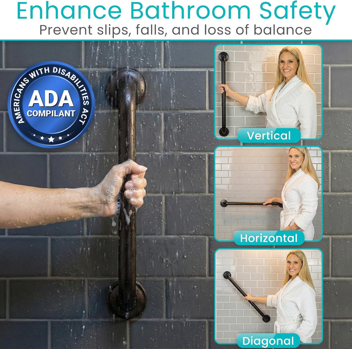 Vive Grab Bar for Showers - Bathroom Antislip Handrail for Seniors/Elderly