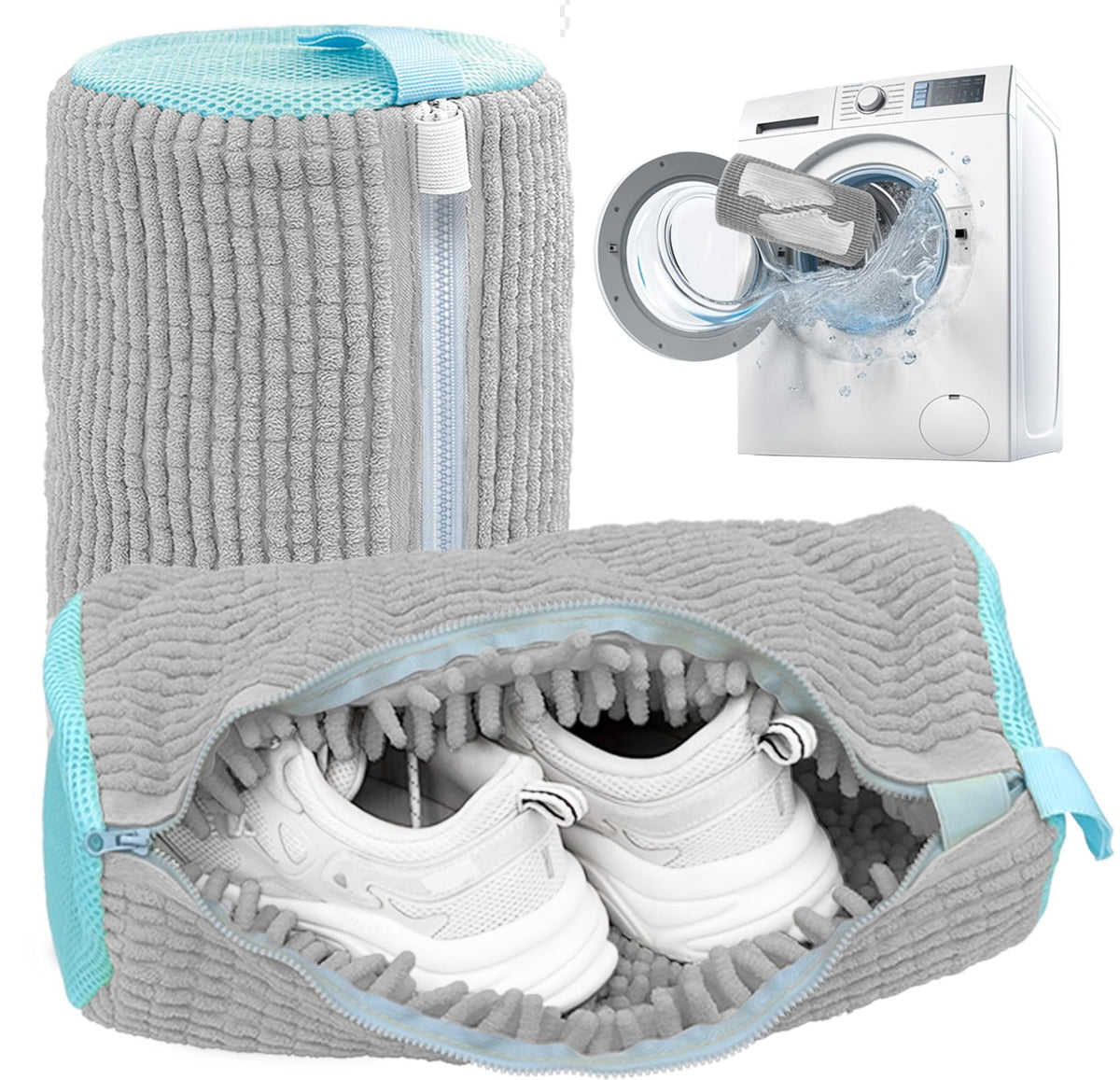 Shoe Washing Machine Bag,Laundry Shoe Bag for Washer and Dryer,Reusable Shoe Cleaning Bag for Sneakers,Tennis Shoes,With Self-locking Zipper, Microfiber Inside (2, Light =Grey)