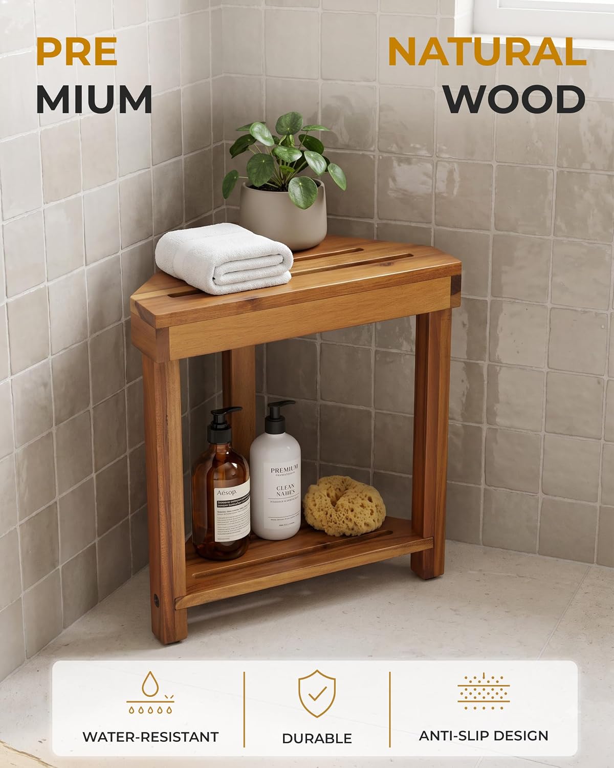 BLUEWEST 16.4 in Corner Shower Stool for Shaving Legs with Storage Shelf